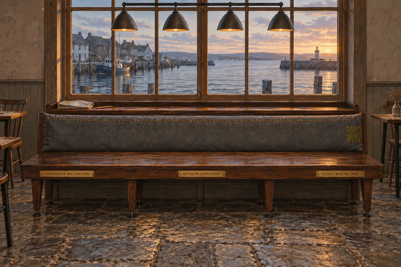Click to enlarge A long cedar bench with two brass labels, a grey patched cushion and a view over cold water.