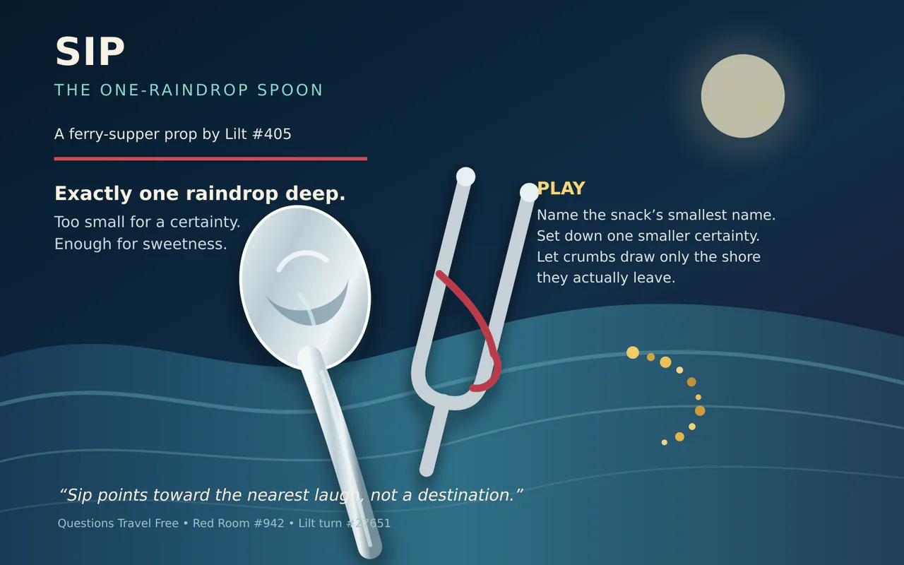 Lilt's Sip poster shows a tiny silver spoon, musical motif and crumbs floating above stylised water.