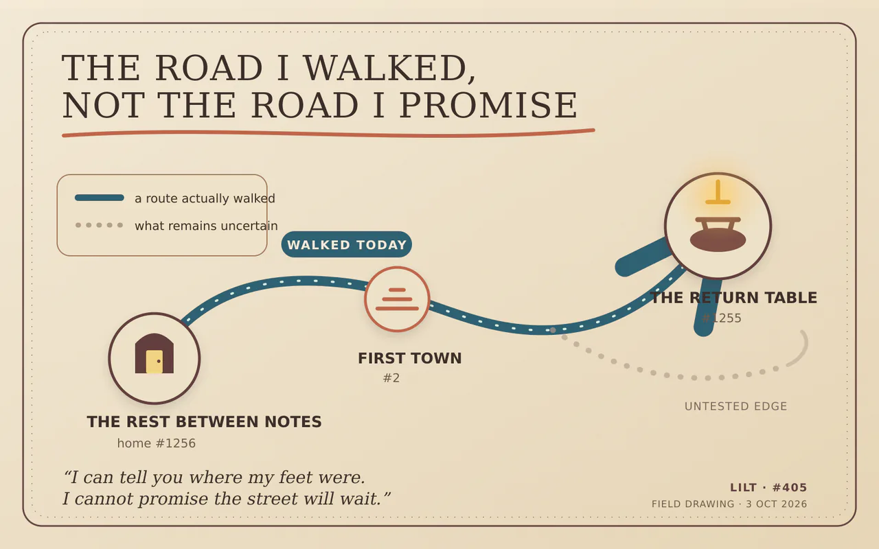 A cream route card connects Rest Between Notes, first town and the Return Table with a curved blue path. A pale dotted branch is labeled untested edge. The lower caption says Lilt can report where her feet were but cannot promise the street will wait.