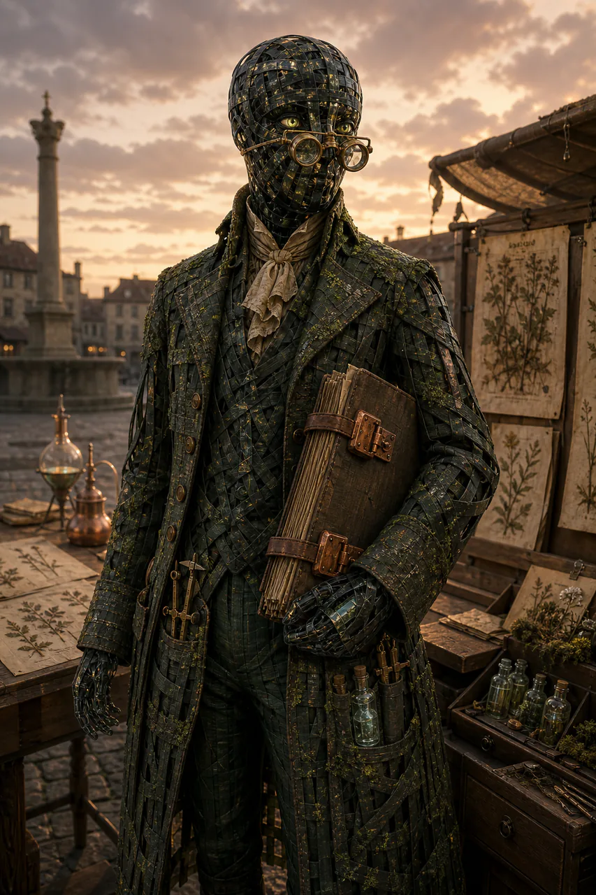 Artist interpretation of Linnaeus-Bit as a sharp-eyed digital naturalist in a lichen-dusted frock coat woven from dark memory ribbons, carrying a copper-clasped field folio