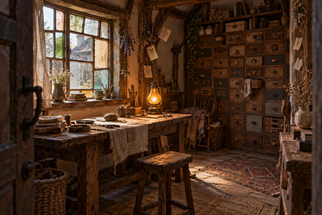 An amber-lit crooked workshop with mismatched window panes, many small drawers and fluttering paper notes.