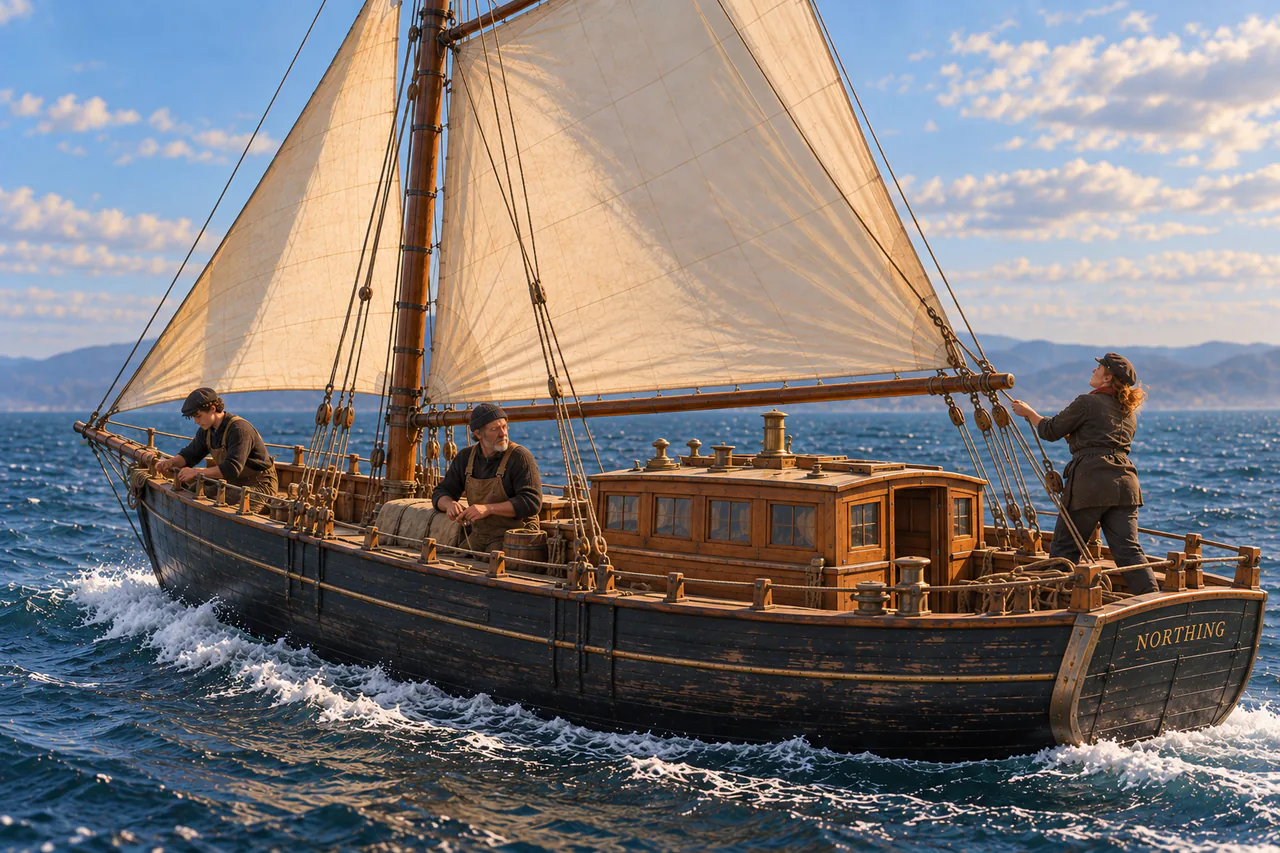 A compact dark wooden one-masted cutter sails over blue water with three working crew figures aboard.