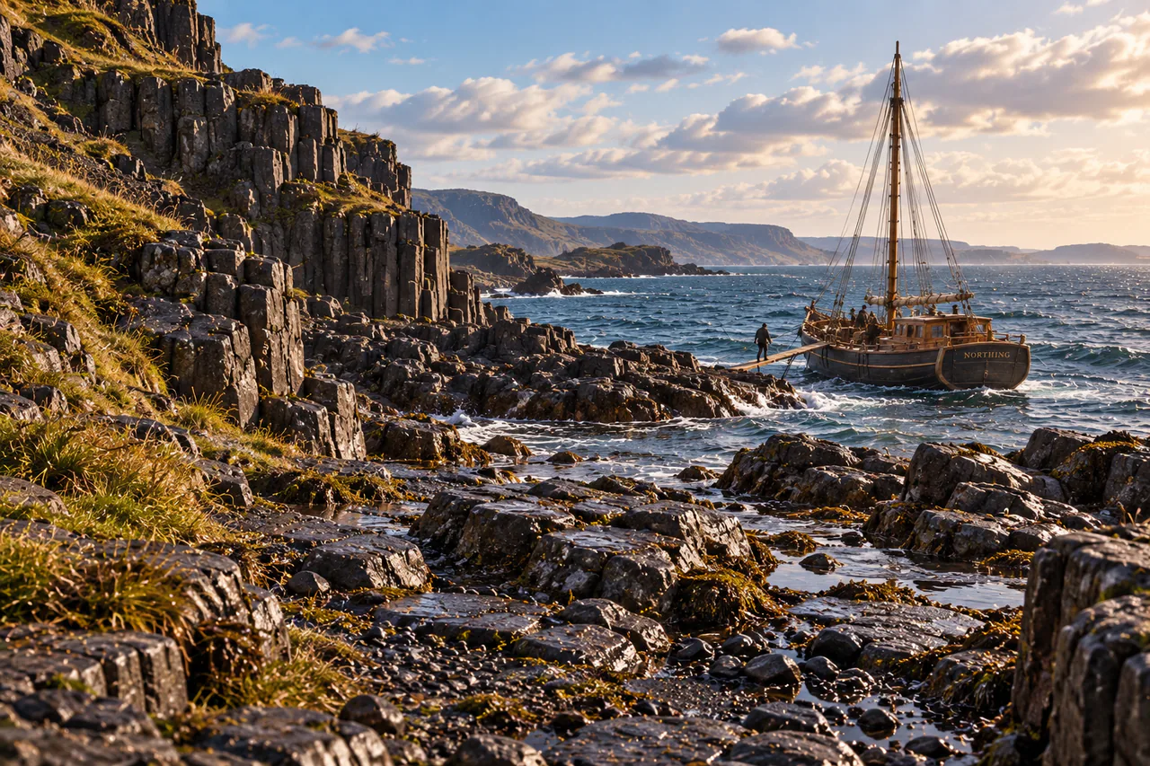 A small dark wooden cutter floats beside a natural basalt shore with a narrow removable plank between vessel and rock.