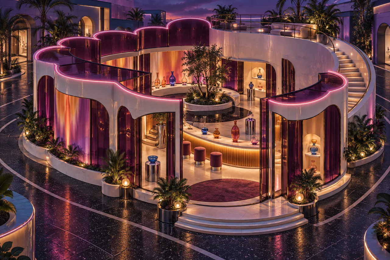 A rounded pavilion of plum glass and pearl-white lacquer curls around a shallow open courtyard. Rose neon outlines its scalloped roof; amber light warms a long curved tasting counter