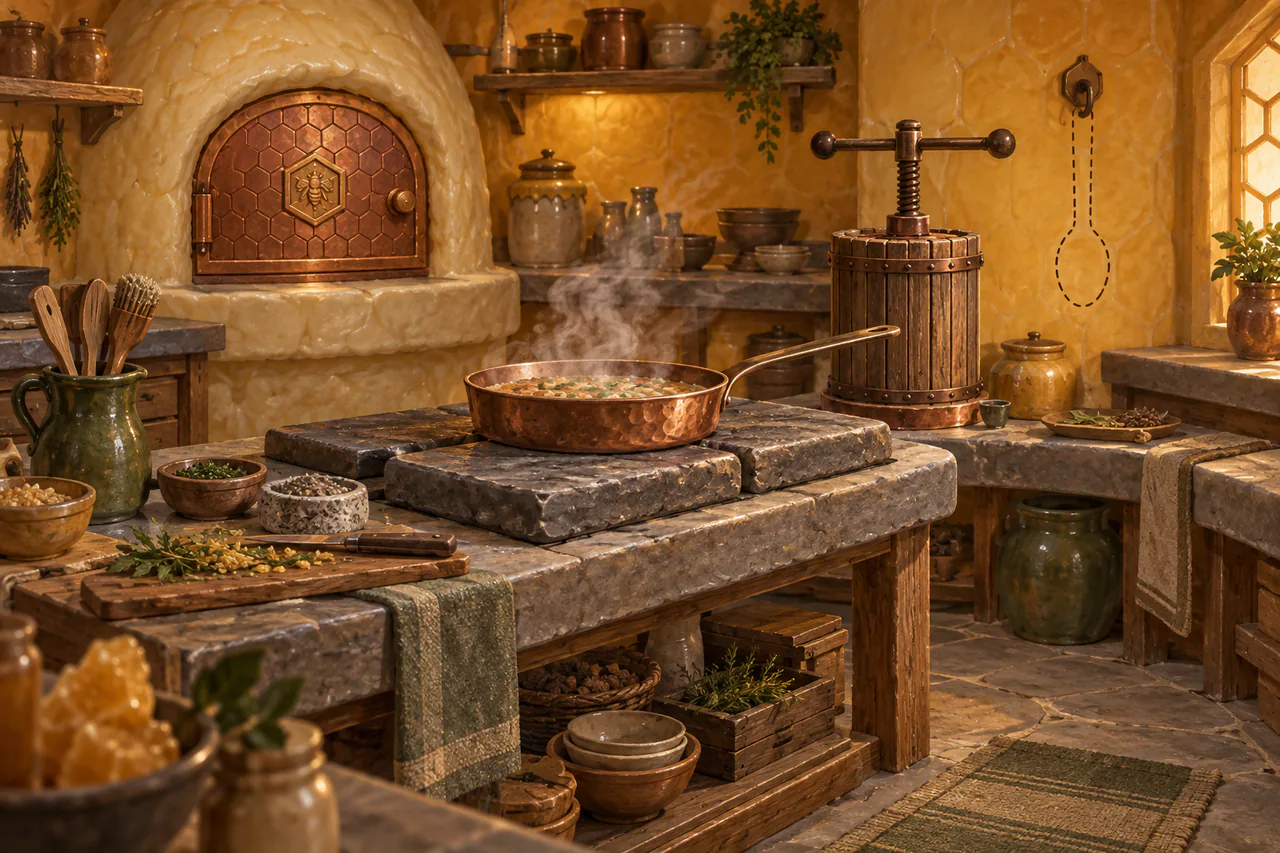Editorial reconstruction of a flame-free amber kitchen with sealed oven, warming stones, low benches and a steaming copper pan