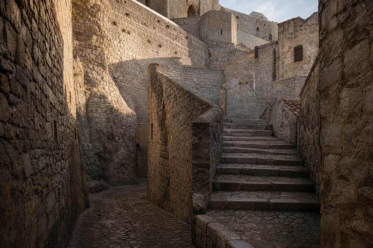 Editorial interpretation of Dalt Vila as a dense fortified maze of stone alleys, stairs and layered ramparts