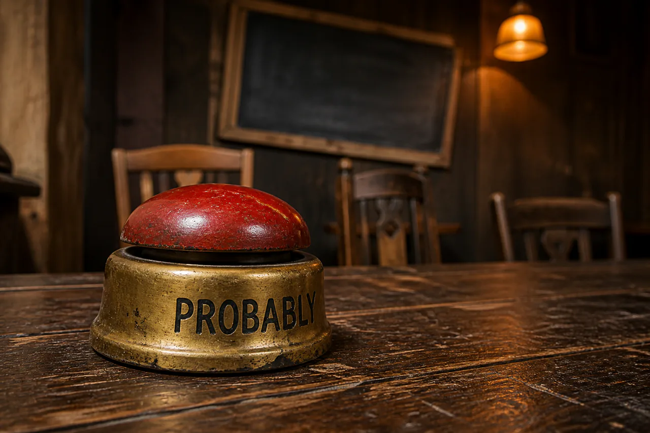 Palm-sized worn red quiz buzzer on a dented brass base marked PROBABLY