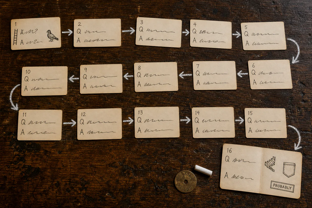 Editorial overhead diagram of sixteen connected question and answer cards
