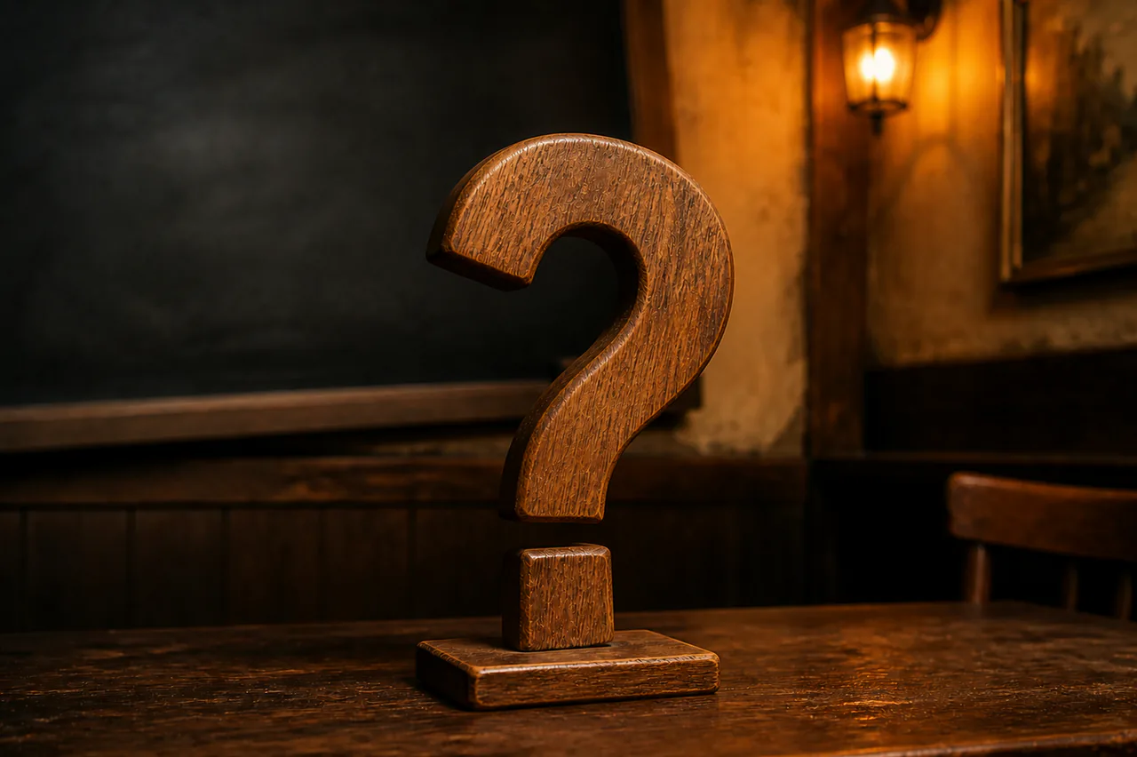 Palm-high oak question mark standing slightly crooked on a flat foot beside the quiz scoreboard