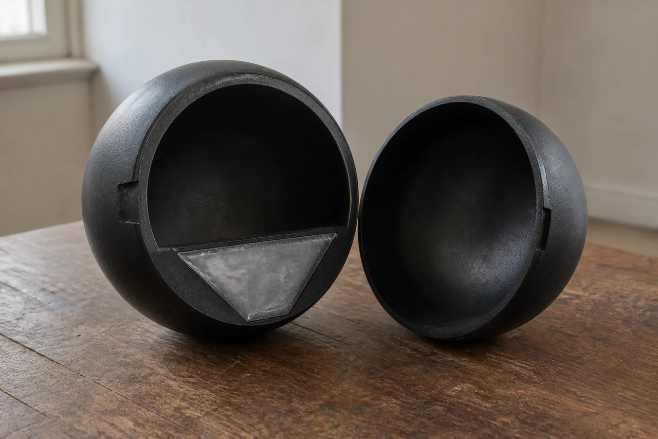 Opened dark sphere showing a completely empty internal chamber behind its cloudy triangular window