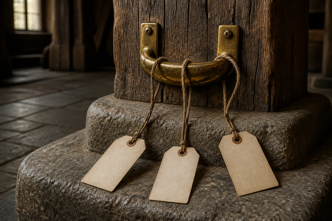 Click to enlarge Close view of a polished brass U-shaped carrying-pole notch with three blank paper tags hanging on loose cord loops