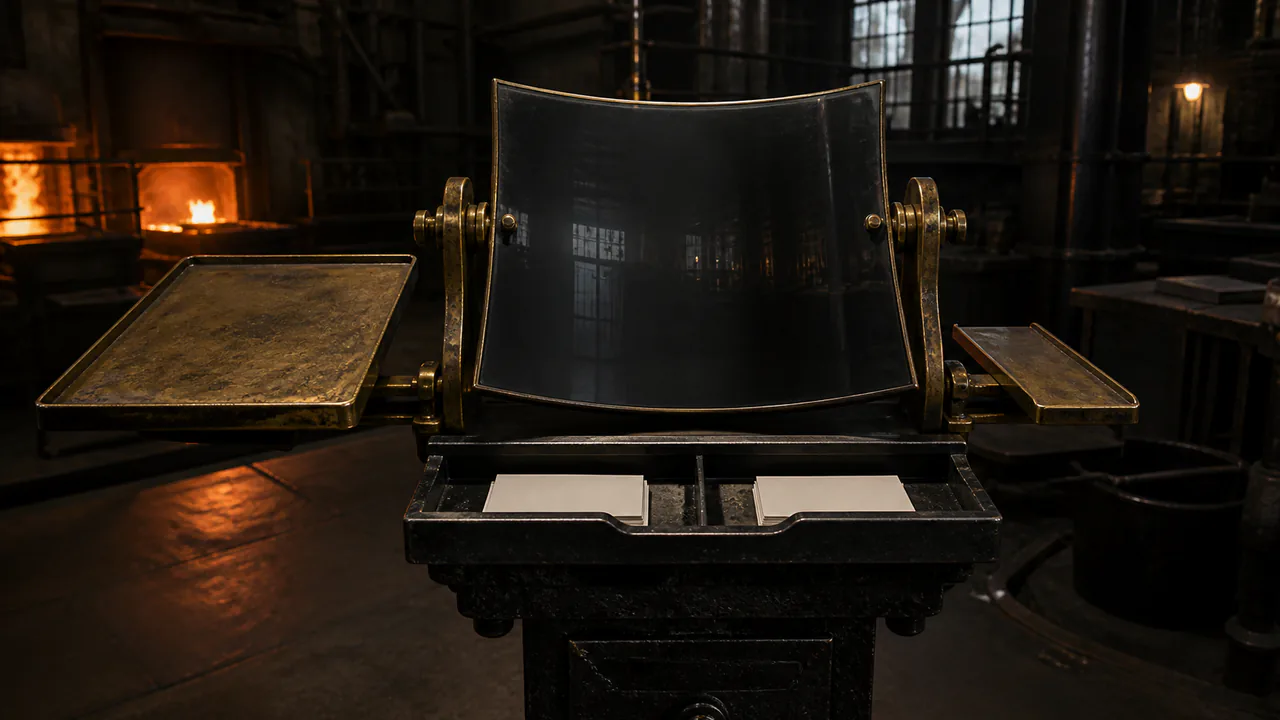Smoky concave black-glass instrument in a brass pivot frame with unequal writing ledges and a tray for paired slips