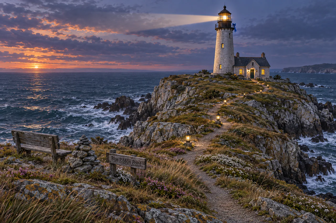 A pale lighthouse with a blue ribbon and warm cottage stands above a dark sea; a flowered path passes a bench and cairn.