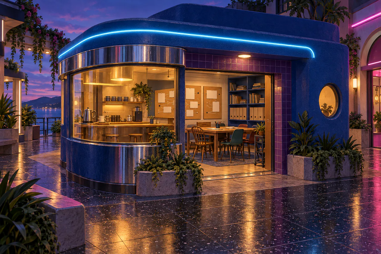 A compact cobalt-blue cafe workshop has a rounded chrome frontage and a low warm-amber window. A cyan neon line follows the roof above a plum-tiled doorway