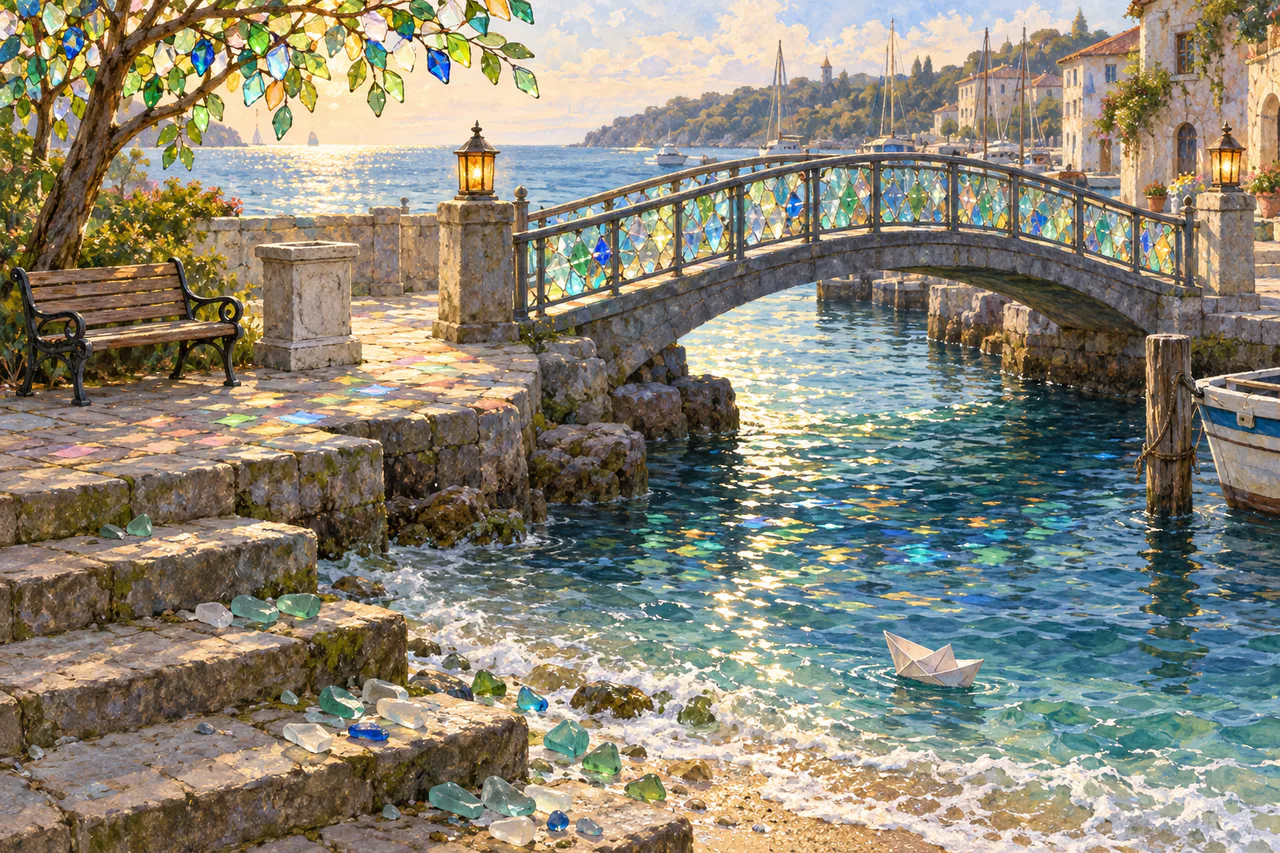 A broad sea-glass harbor with a crystal-sided pedestrian bridge, amber approach lamps, a bench under stained leaves and an empty stone plinth.
