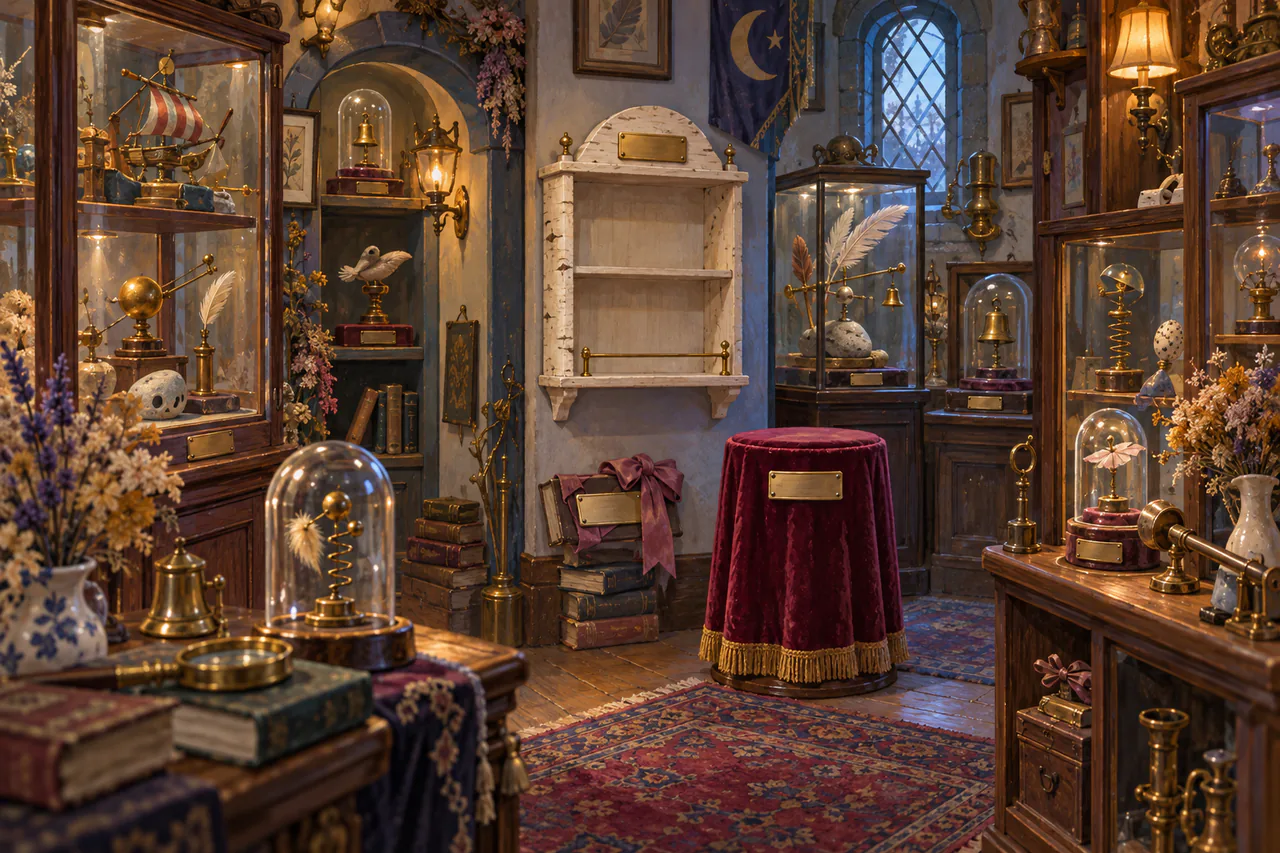 A cozy cluttered gallery of tiny cases, ribbons, bells, an almost empty birch shelf and a velvet pedestal.