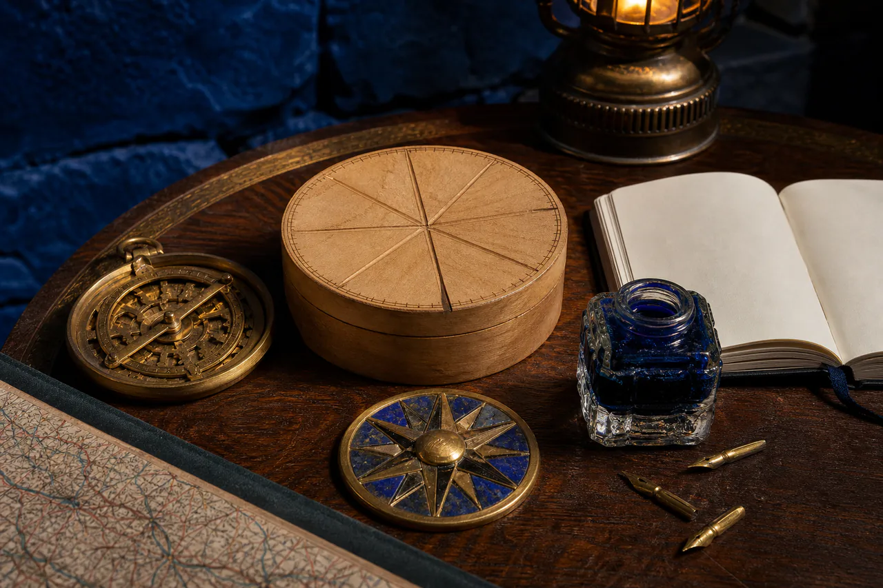 Close view of a boxwood horizon compass, brass astrolabe, lapis compass rose, blank notebook and storm-blue ink