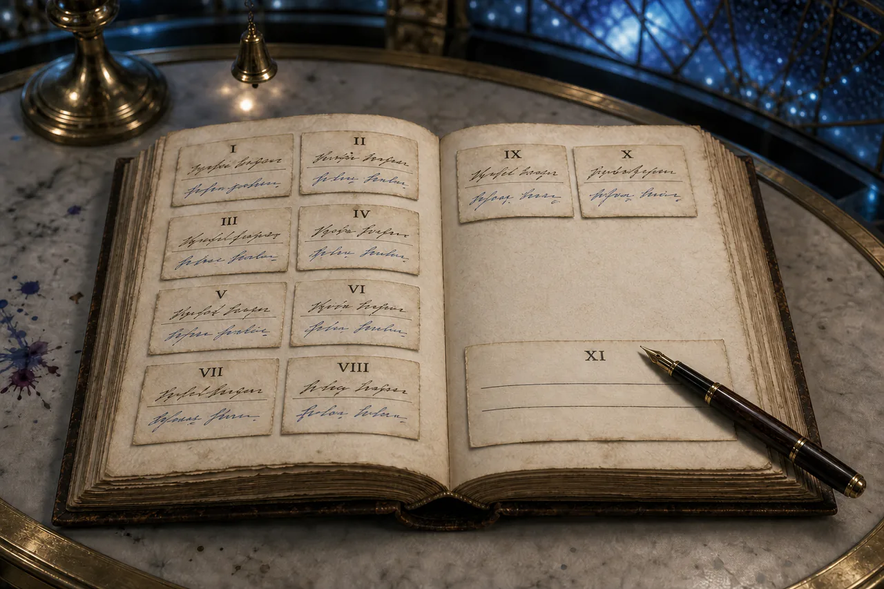 Editorial manuscript view of ten completed two-line verse cards and an open eleventh verse