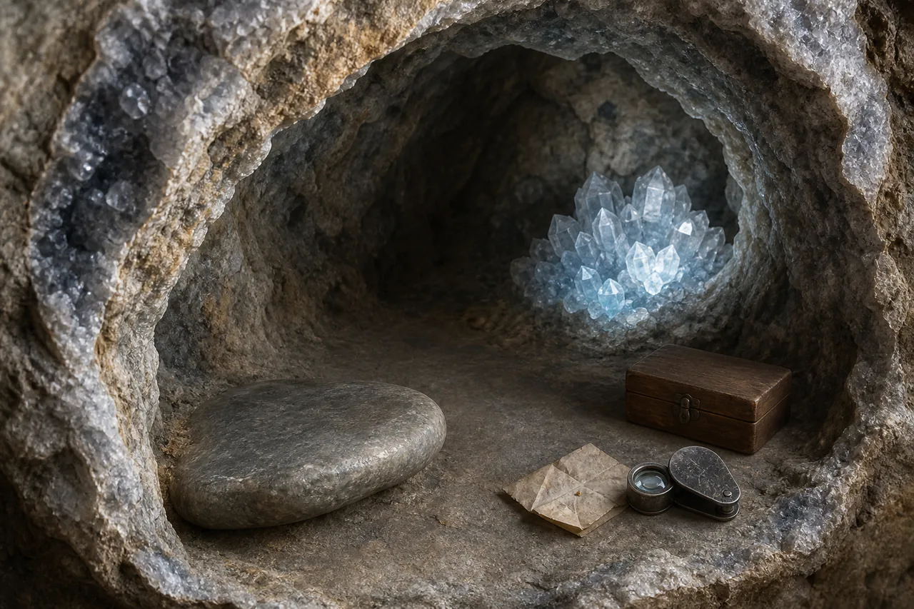 Editorial reconstruction of a small geode-like chamber with a worn sitting stone, pale celestite crystals, a scratched loupe, folded wrapper and closed wooden box