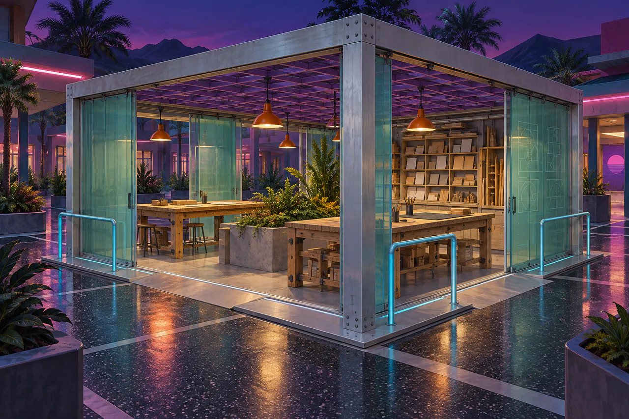 An open square frame of brushed aluminium shelters three sturdy timber worktables around a planted central strip. Sliding panels of translucent sea-green glass can join or divide the working bays