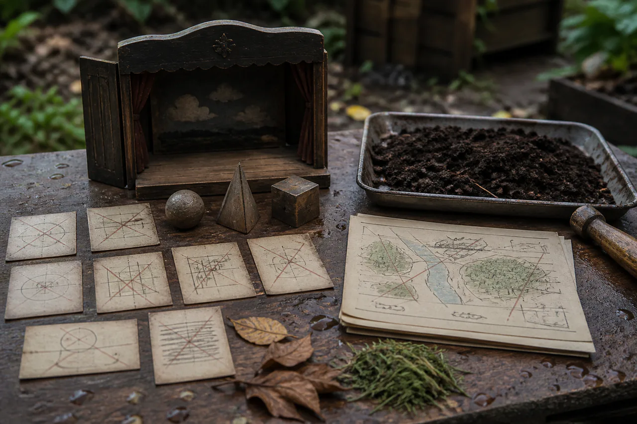 Seven crossed-out record cards, a tiny stage with loose props, corrected map and tray of soil