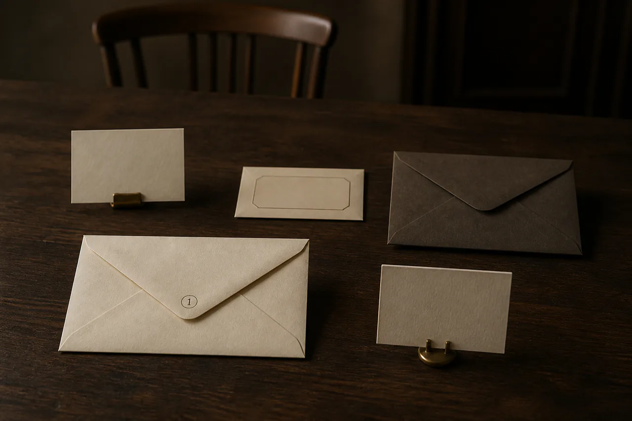 Five closed paper objects arranged separately on a dark table: cream envelope, return slip, addressless label, dark envelope and no-reply card
