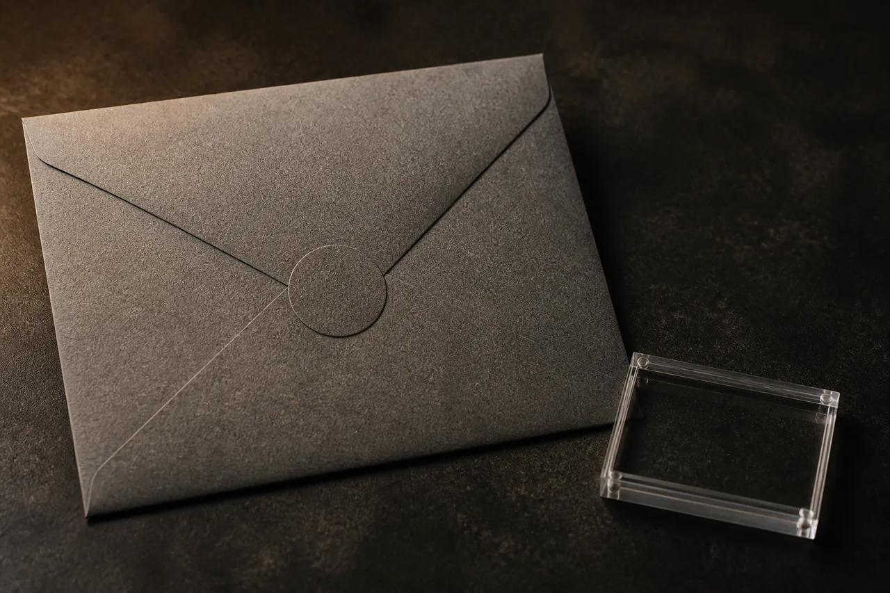 Close view of an exact unbroken seal on a dark unaddressed envelope beside an empty transparent frame