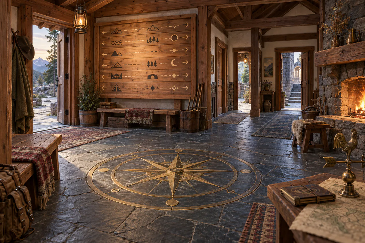 Editorial reconstruction of a cedar-and-slate waystation with oil lantern, directory board, brass compass rose and warm hearth