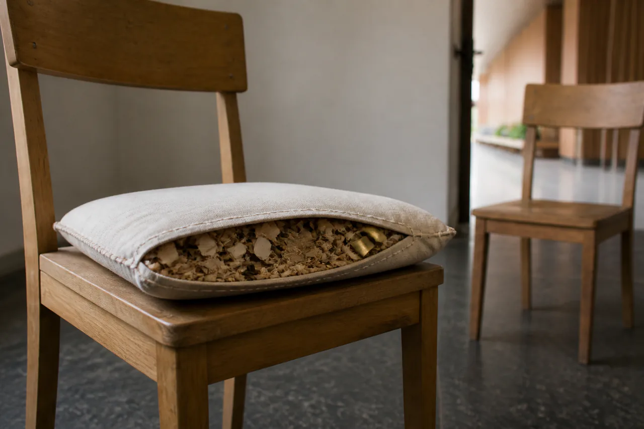 Close view of a hand-sewn cushion opened at one seam to show clean paper, wood and blunt brass clockmaker offcuts