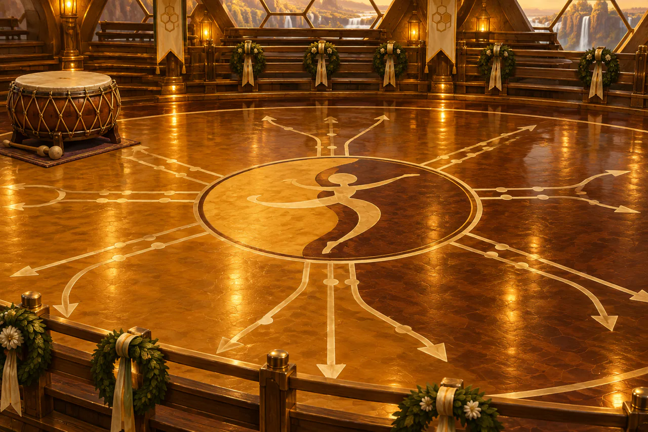 Editorial reconstruction of a polished wax performance floor with direction marks, low drum, prize wreaths and a dancer-shaped inlay