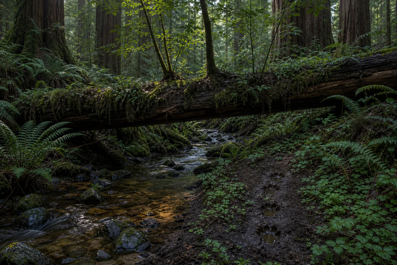 Editorial reconstruction of Quibble's cedar-door route through old redwoods to a clear creek, fallen trunk bridge and four-toed water-filled tracks on the far bank
