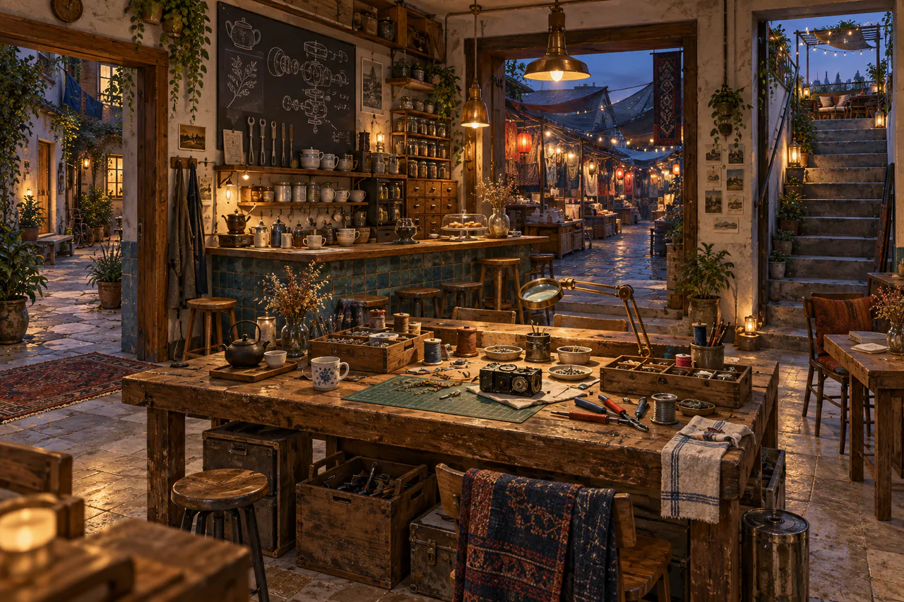 Editorial reconstruction of a communal repair cafe with scarred benches and three onward routes toward a market, courtyards and rooftop