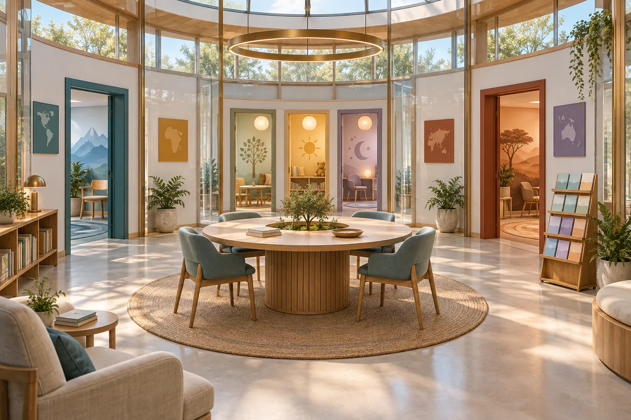 Editorial reconstruction of a calm glass-partitioned consultation room connected to four continental clinics and three specialist rooms