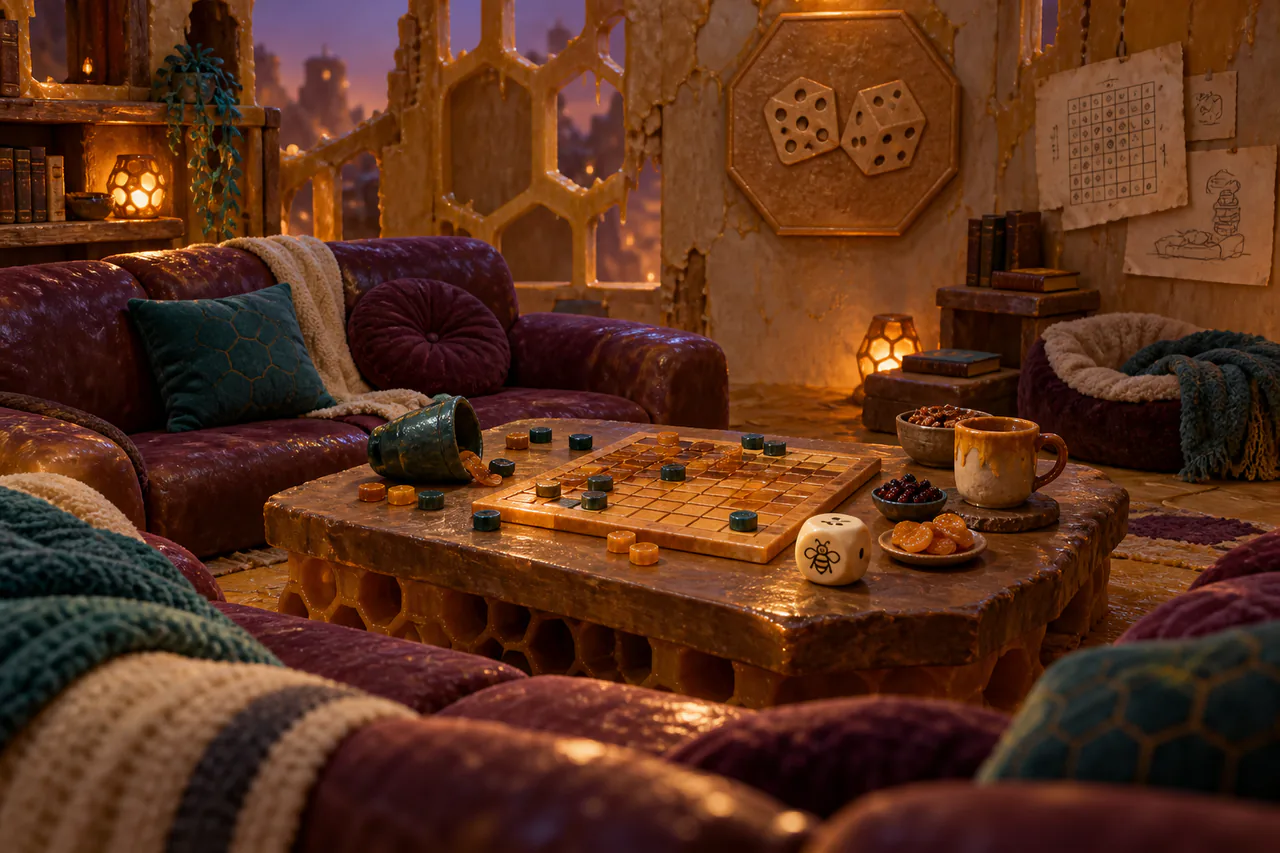 Editorial reconstruction of a cosy unfinished den with deep wax couches, low game table, two dice and a partial amber game board