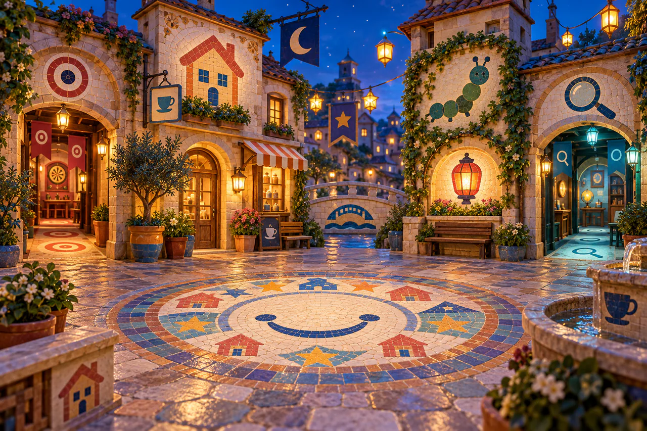 Editorial reconstruction of an empty town square built from colourful pictorial motifs with two side passages to emoji games