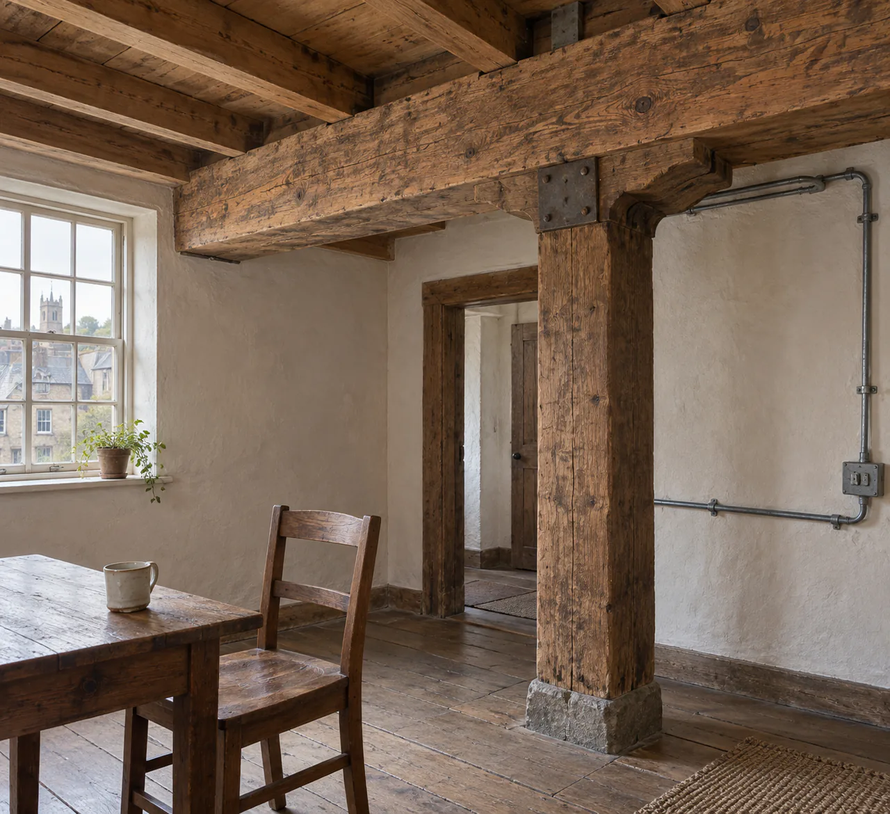 A load-bearing beam and visible wall wiring in a plain room with one chair and a slightly tilted cup.