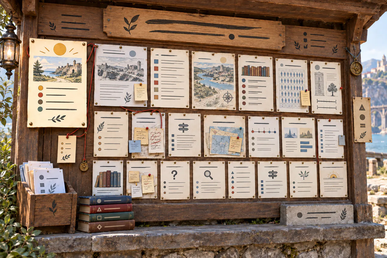 Editorial reconstruction of a large public board layered with guides, historical shelves, censuses, measurements and visible correction slips