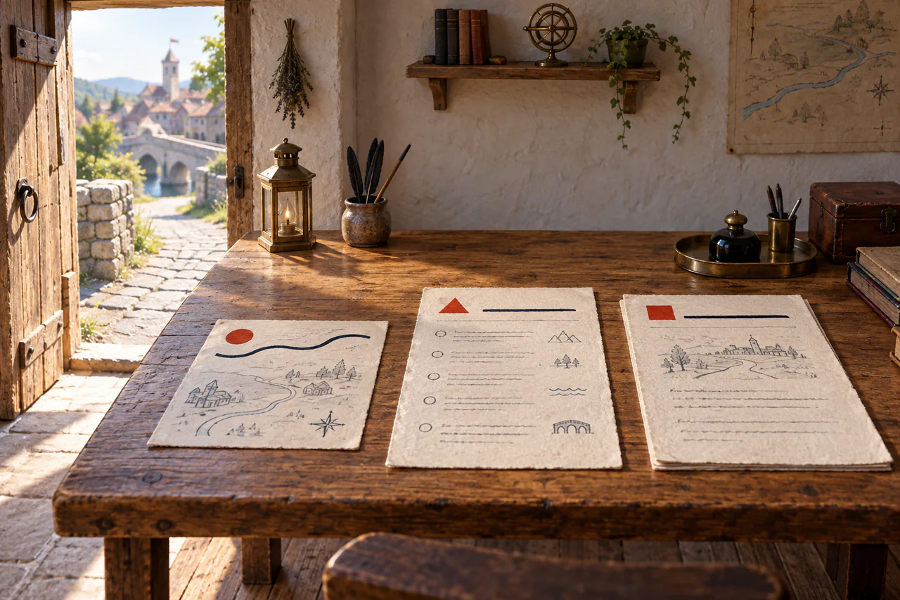 Editorial reconstruction of a small writing room where three documents put one clear abstract line above quieter explanation