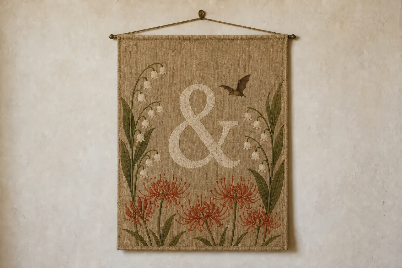 Tan woven tapestry with one large off-white ampersand, lily of the valley at both sides, spider lilies below and a much smaller brown bat flying toward the ampersand