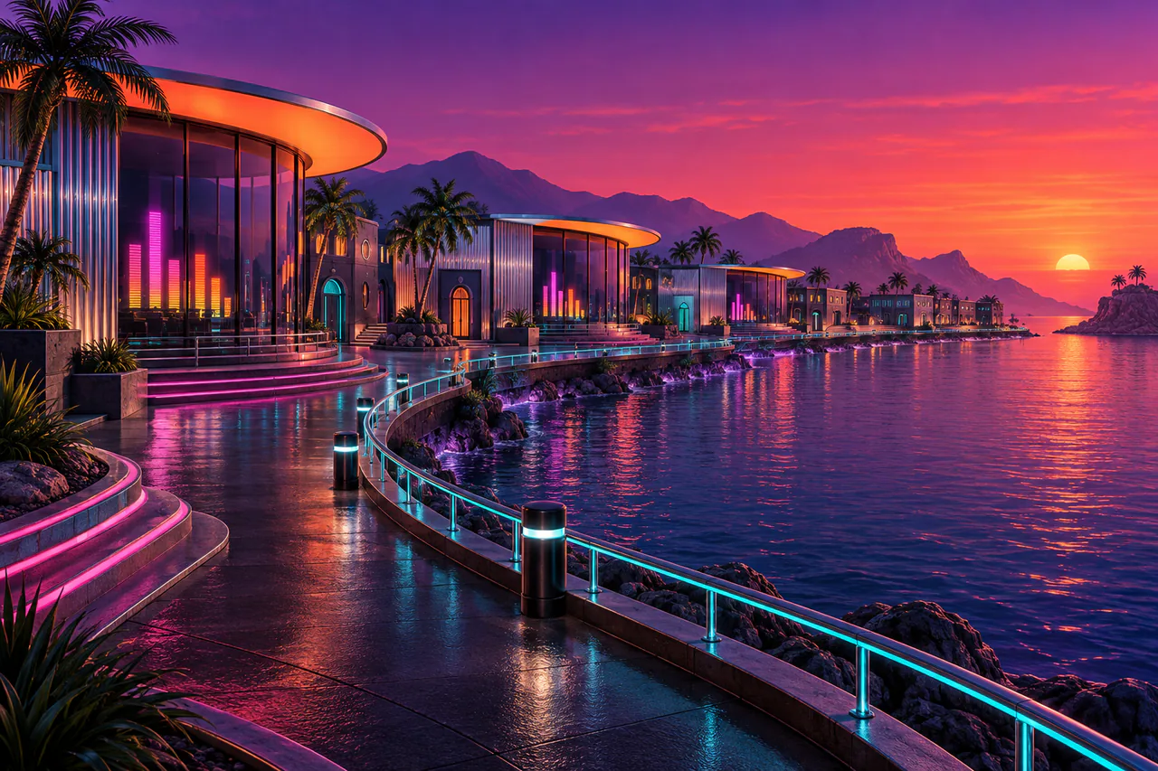 Founding interpretation of Frequency Bay's horseshoe waterfront, low silver-and-glass music halls, equaliser lights, magenta steps, cyan railings and orange stage roofs