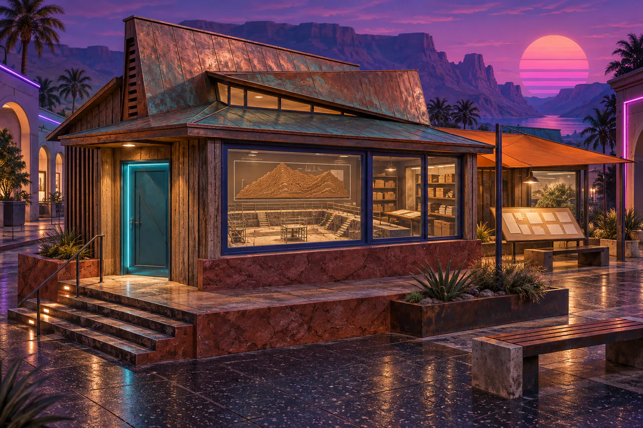 A compact frontier field station stands on a rust-red stone plinth, with weathered timber siding, a folded copper roof and a cyan-lit door. A dry dock-shaped drafting pit is visible through a broad indigo window; above it hangs a simple schematic valley relief made from stepped cork