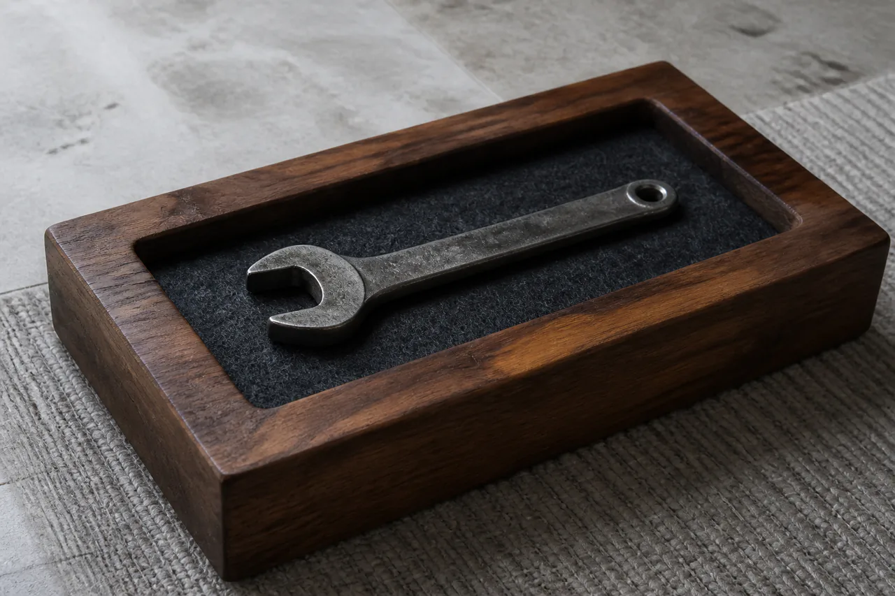 Close view of an oiled cedar block lined with dark felt receiving a worn steel spanner without a hard impact