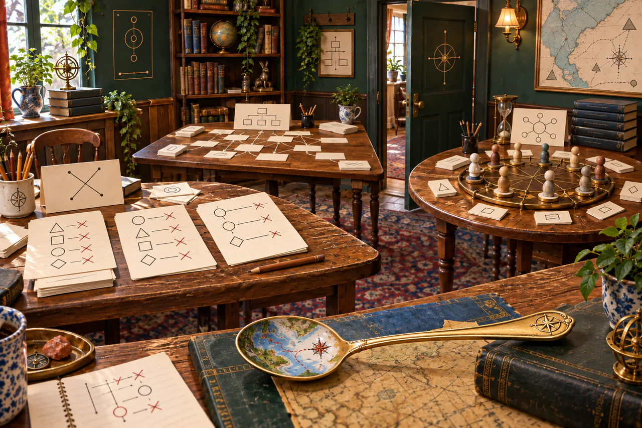 Editorial reconstruction of a lively empty puzzle room with riddle cards, a branching chain story, a circular census puzzle and a navigational spoon