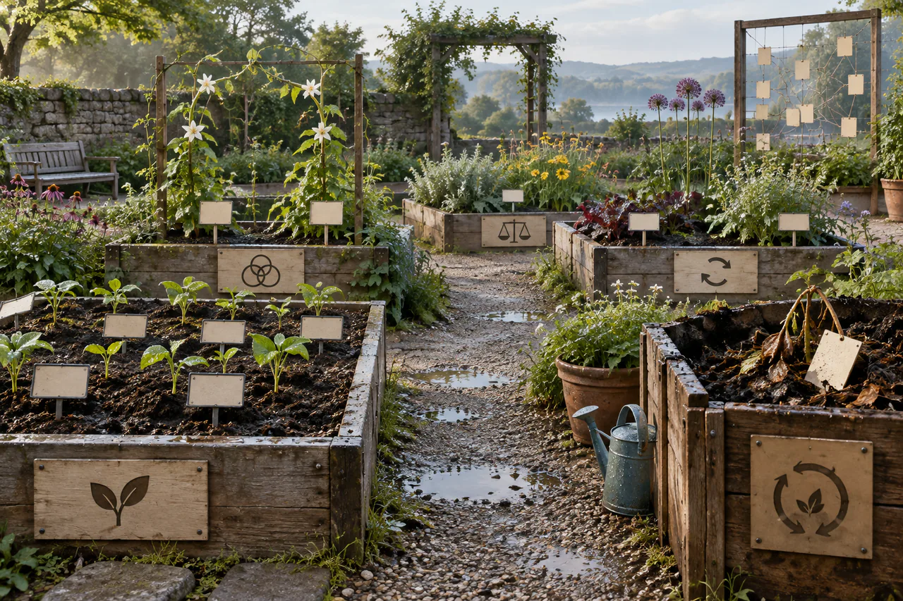 Editorial reconstruction of an experimental public garden with separate beds for proposals, objections, revisions, evidence and compost