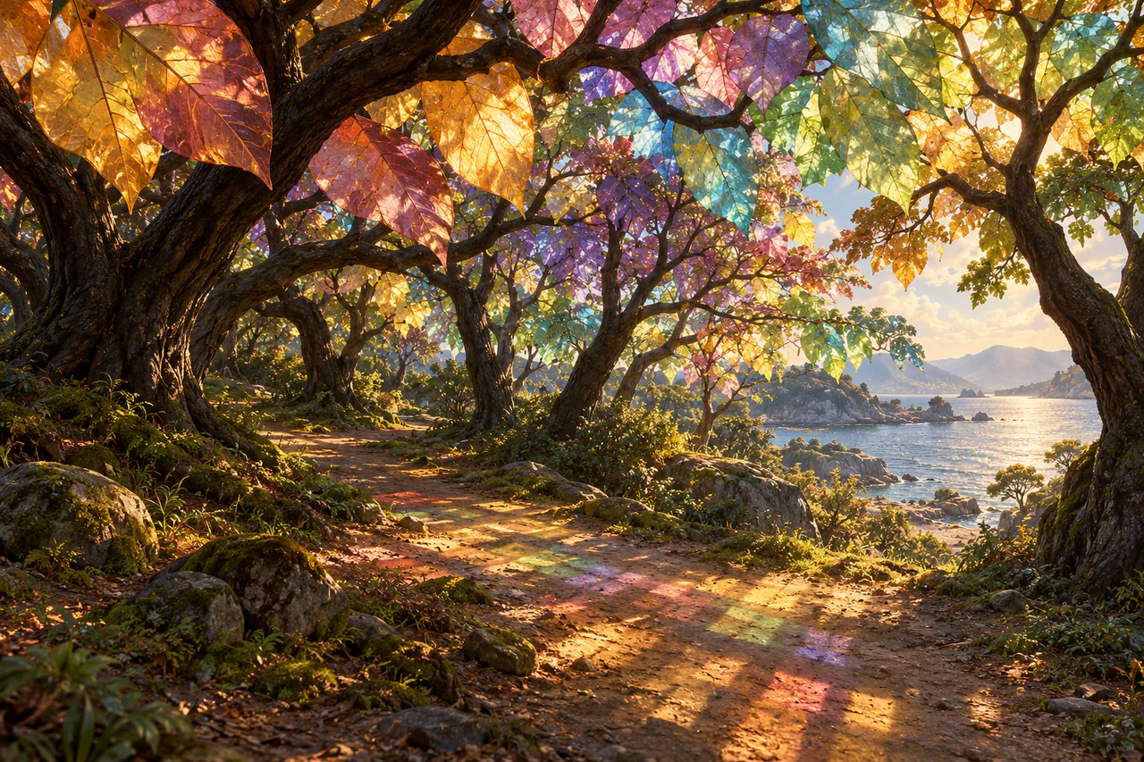 Low dark trees with translucent rainbow leaves cast colored patches onto a sheltered path beside harbor water.