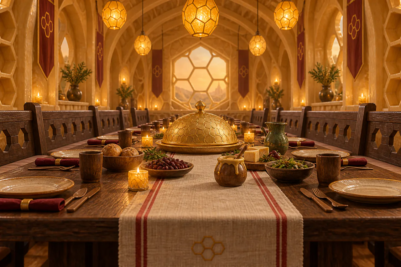 Editorial reconstruction of a public honeycomb dining room with one long table, equal benches and a covered golden dish