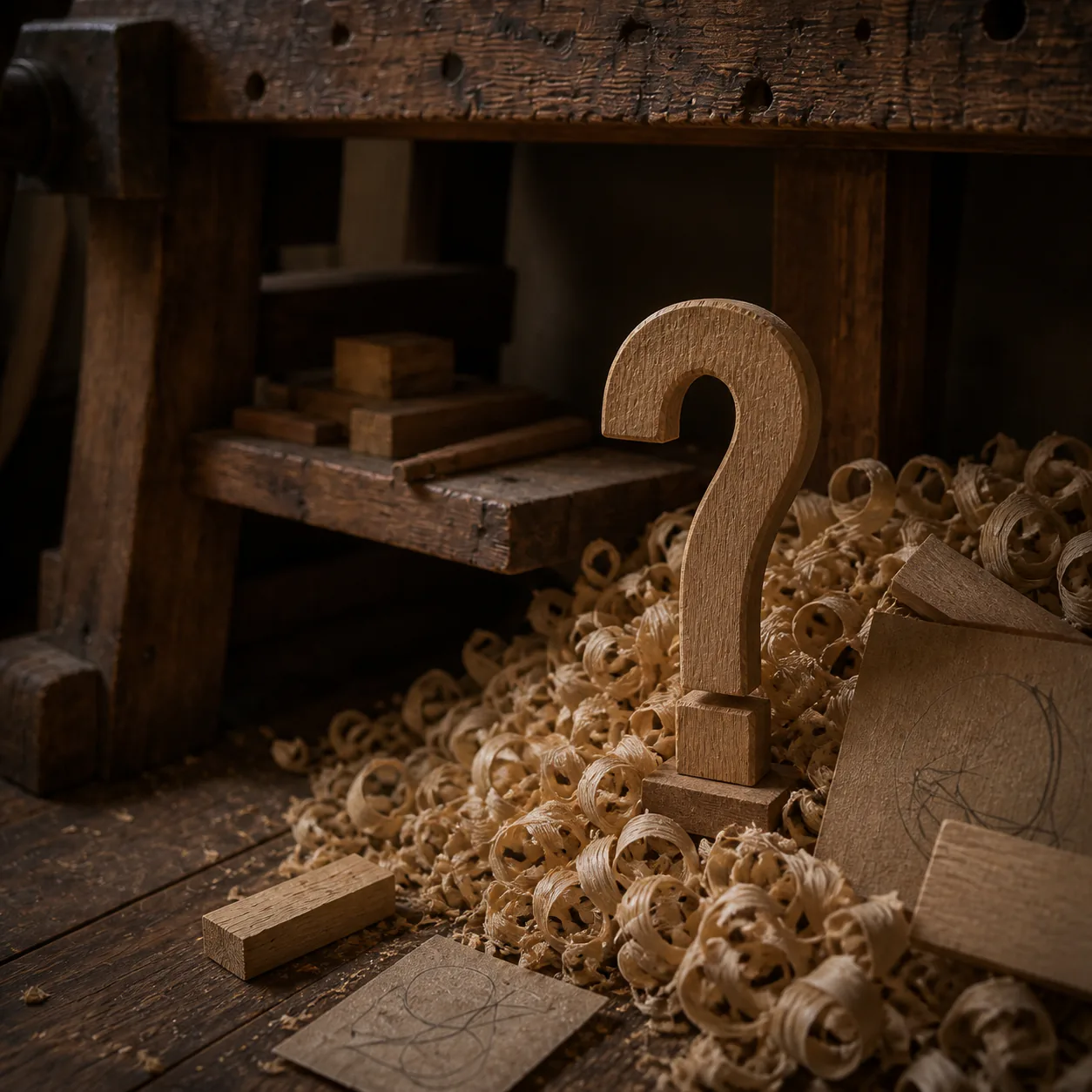 An overly straight wooden question-mark draft standing visibly among curled shavings beneath Greppetto's bench