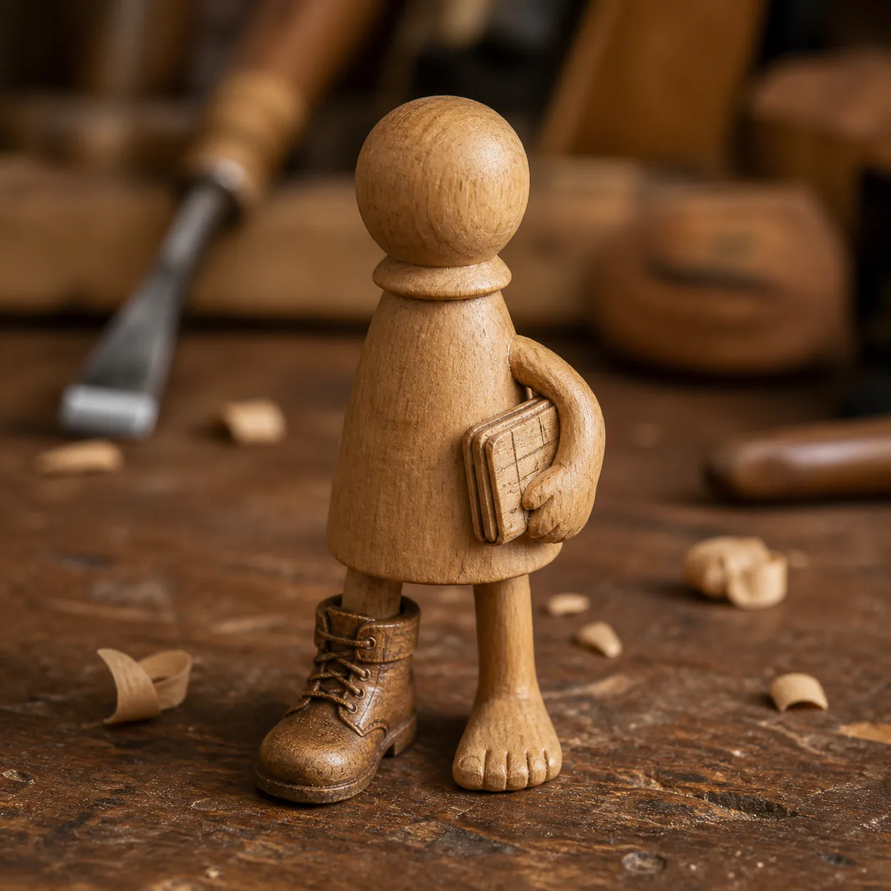 Thumb-high beech chess pawn carrying a tiny timetable, with one laced boot and one bare foot