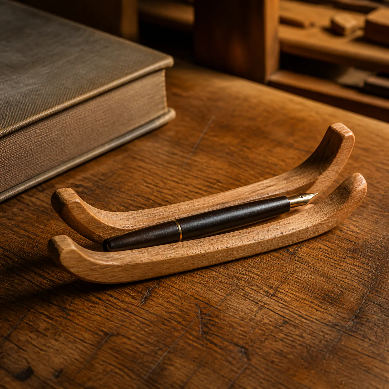 Bare two-line wooden pen rest curling upward at each end and holding one fountain pen