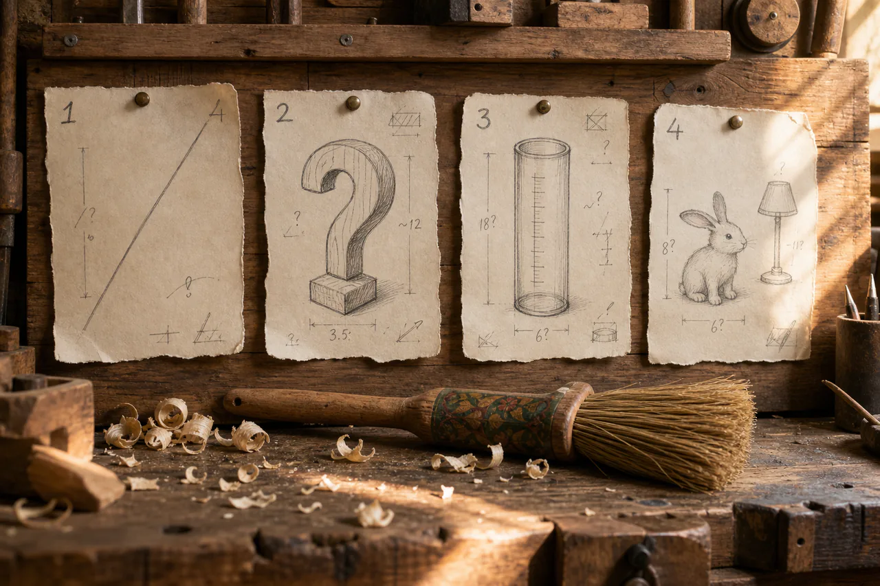 Four pinned commission sketches for a diagonal cut, question mark, bottomless rain gauge and bent-ear rabbit